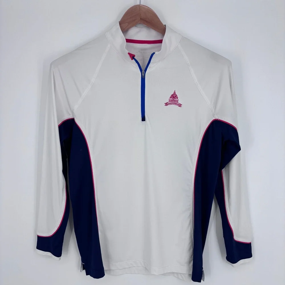 Peter Millar Congressional Golf 1/4 Zip Pullover Top Womens L White Navy Pink